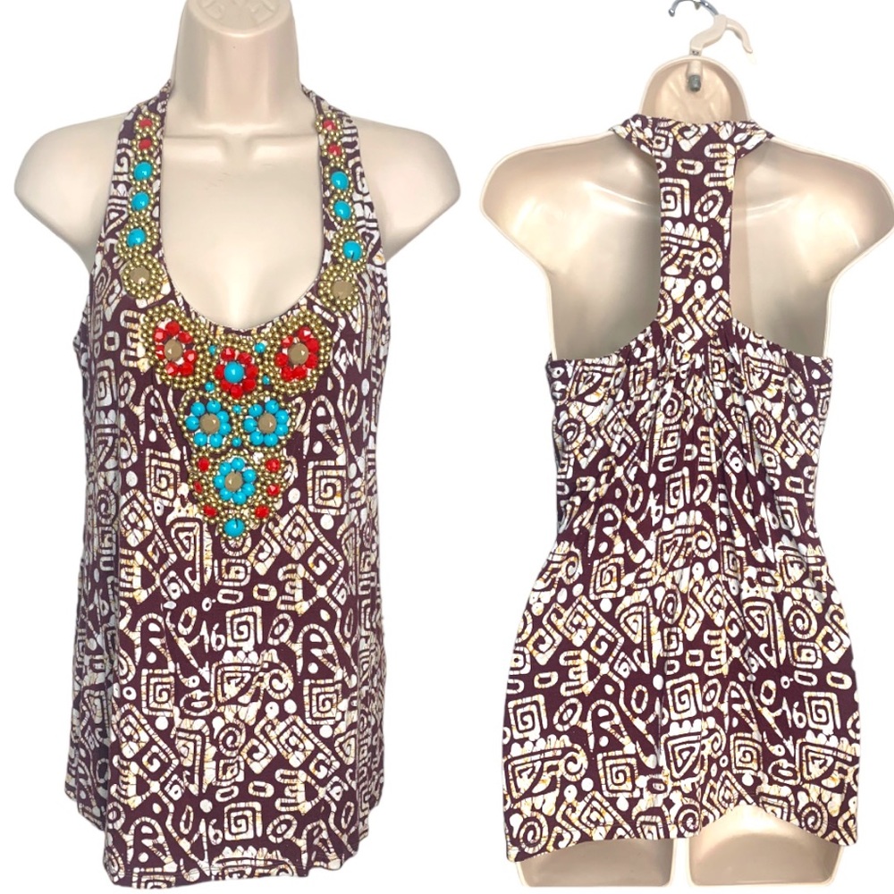 Boston Proper Embellished Islander Bohemian Racerback tank w shelf bra sz S